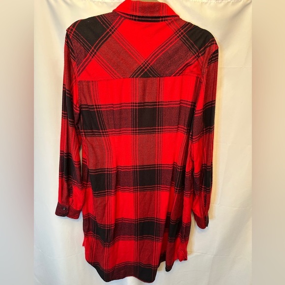Athleta Size Large Flannel Shirt Red Black Buffalo Plaid Long Sleeve Long Hem - Picture 4 of 8